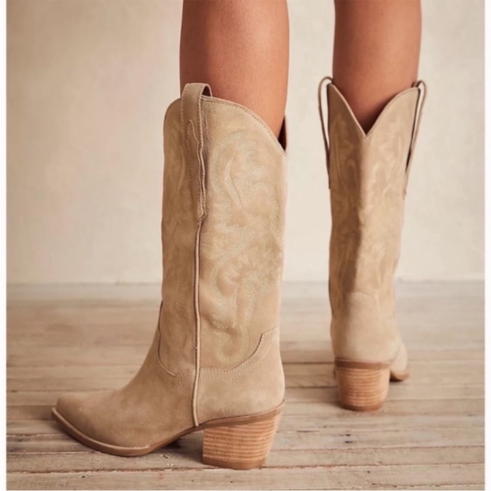Jeffrey Campbell Beige Suede Western Mid-Calf Heeled Boots
